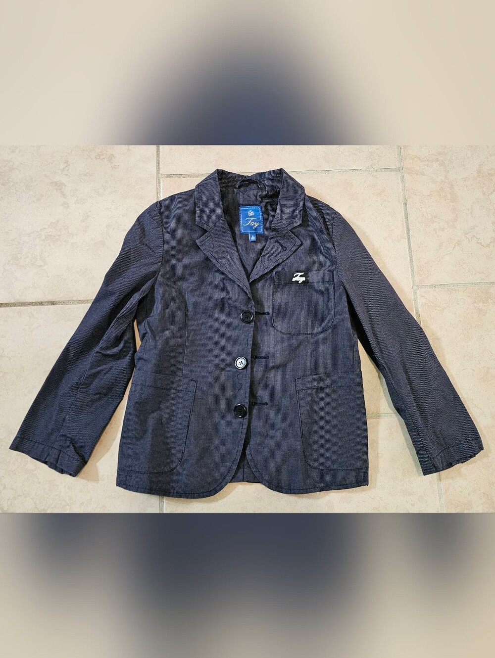Fay Kids Navy Blue Striped Cotton Blazer with Logo Pin Size 5 - Boys